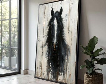 黒馬の肖像画：筆致の馬のプリント、金色の額縁に入った絵画風の壁掛け