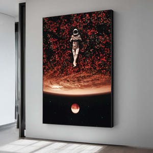 Astronauta surrealista y arte floral - Flores espaciales cósmicas - Arte de pared onírico del espacio exterior - Decoración de fantasía de ciencia ficción única - Impresión en lienzo grande