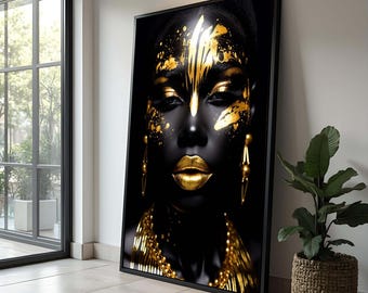 May include: A black and gold portrait of a person with gold paint on their face and neck. The person is wearing gold jewelry. The portrait is framed in black.