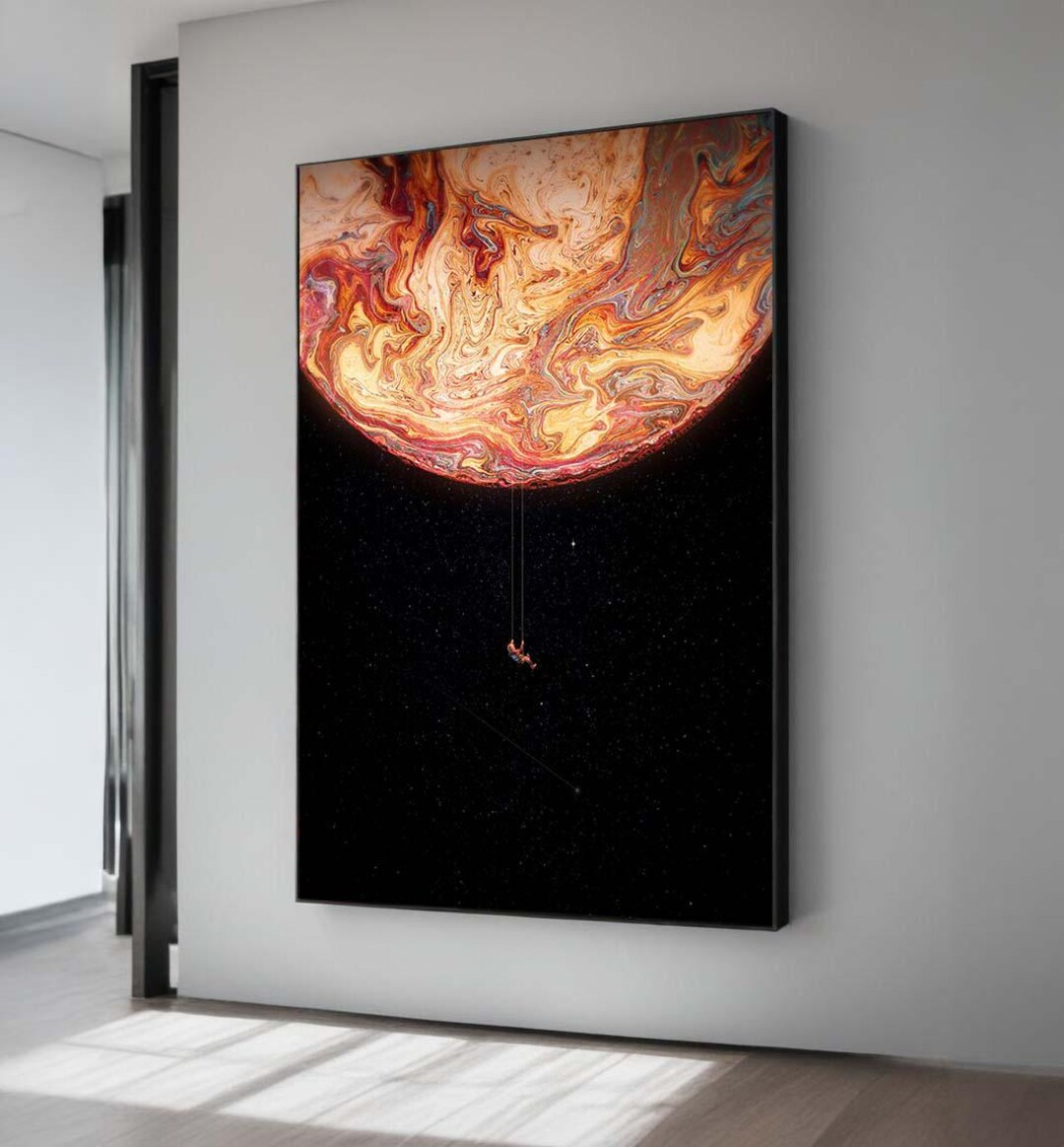 Surreal Astronaut Canvas Print: Swinging From Planet - Cosmic Wall Art ...
