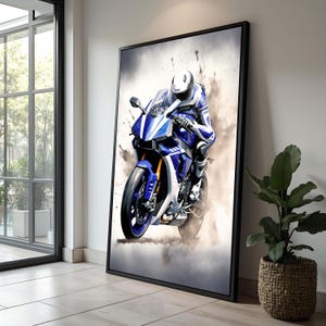 Blue Motorcycle Racing Art: Dynamic Sports Canvas Print