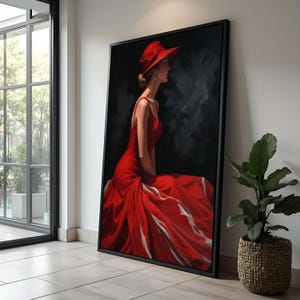 Elegant Woman in Red Dress Art | Classic Fashion Portrait Canvas | Timeless Wall Décor | Stylish Gift for Her | Red Hat Lady Painting