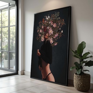 Floral Woman Portrait with Birds | Modern Abstract Feminine Art | Surreal Flower Head Canvas for Home Decor|Elegant Nature-Inspired Wall Art