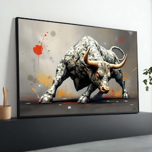Powerful Bull Money Art - Wall Street Bull Painting - Finance Wall Decor - Investment Success Artwork - Bold Stock Market Print