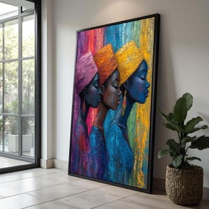 Ethic Culture Art, Colorful African Women Portrait - Vibrant Textured Canvas Art, Ethnic Wall Decor, Afrocentric Art Gift for Her, Afro Art