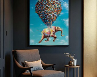 風船を持った象のキャンバスプリント：気まぐれな子供部屋の壁アート