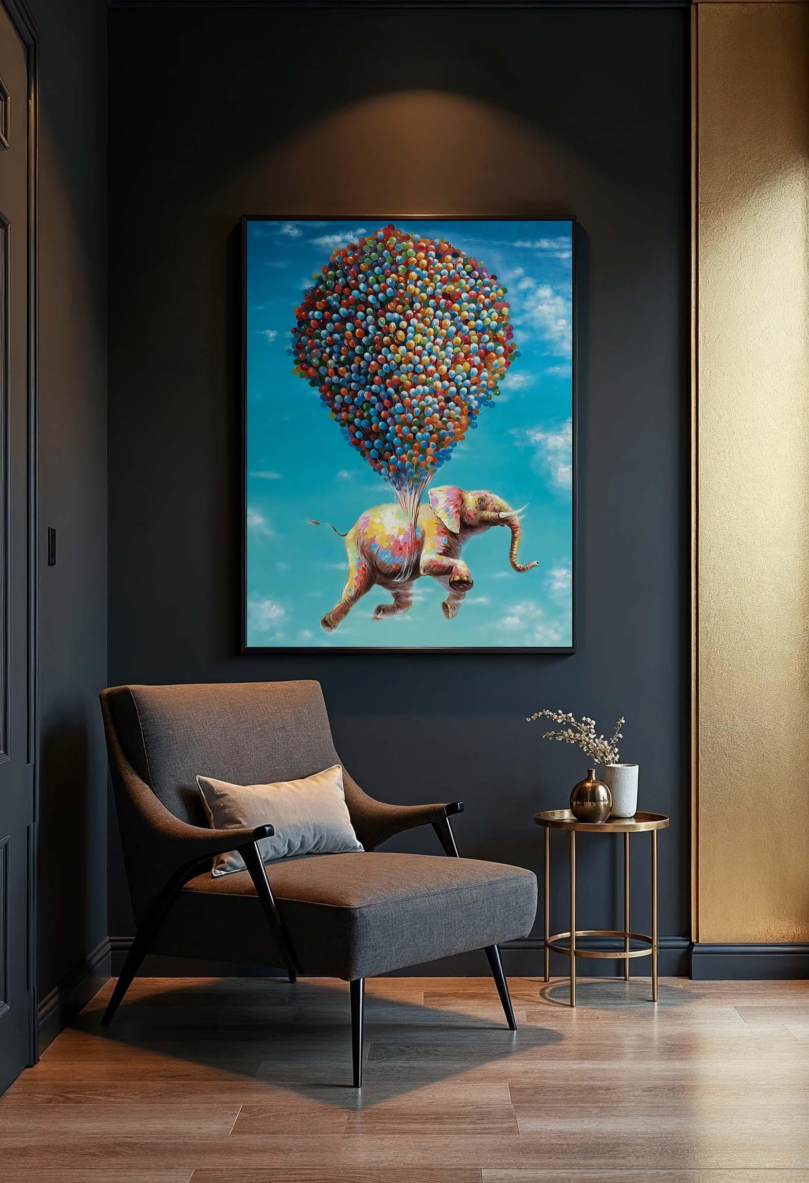 風船を持った象のキャンバスプリント：気まぐれな子供部屋の壁アート