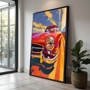 Vibrant Retro Car Art Print | Colorful Classic Car Canvas | Pop Art Style Sports Car Wall Decor