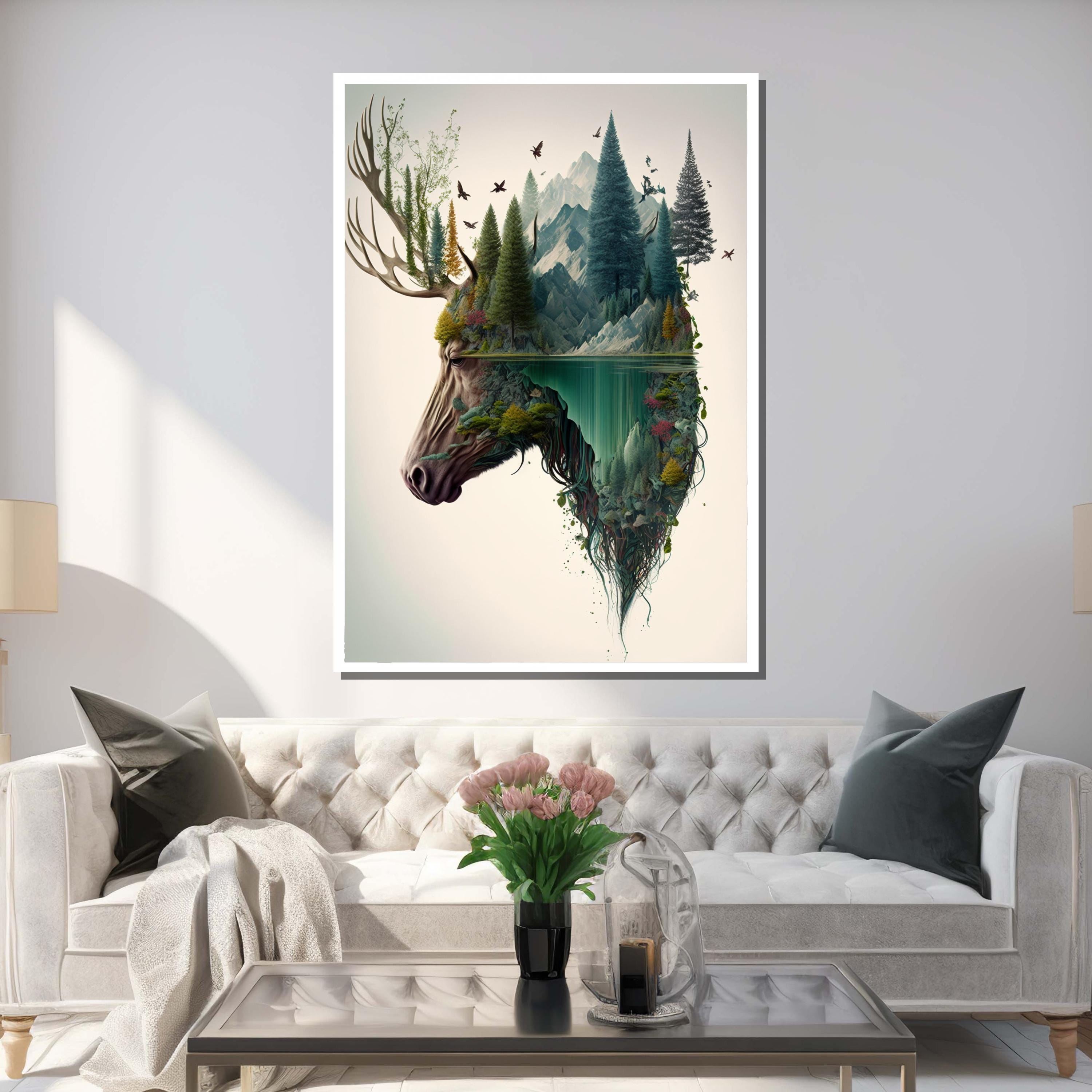 Deer Landscape Canvas Print: Surreal Mountain Forest Wall Art - Etsy