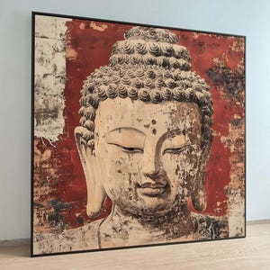 Rustic Buddha Wall Art - Distressed Red and Beige Buddha Canvas for Zen and Meditation Decor, Spiritual Wall Canvas| Spiritual Home Decor