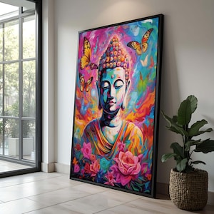Vibrant Buddha with Butterflies - Colorful Spiritual Wall Art for Meditation Room, Boho Buddha Art| Spiritual Home Decor