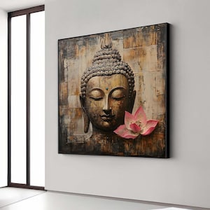 Rustic Buddha Canvas with Pink Lotus - Tranquil Meditation Wall Art for Home Decor, Spiritual Wall Canvas| Spiritual Home Decor