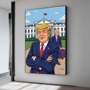 Trump torna a caricatura politica - Illustrazione umoristica con Biden, divertente arte murale presidenziale, idea regalo per decorazioni conservatrici
