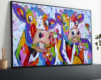 Canvasafdruk kleurrijke koe: eigenzinnige muurkunst boerderijdieren