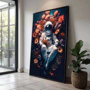 Surreal Astronaut in Flower Garden Art Print | Space and Nature Fusion Wall Art | Dreamy Cosmic Decor | Unique Gift for Space Lovers