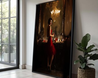 Puede incluir: Una impresión artística enmarcada representa a una mujer con un vestido rojo sosteniendo una bebida, en un bar con poca luz. La obra de arte tiene un marco negro y una paleta de colores cálidos, con una lámpara de araña y botellas de bar visibles.