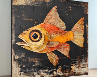 Cuadro de pared vintage con peces dorados en lienzo: decoración náutica original para el hogar.