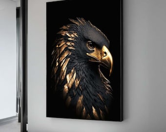 Impresión en lienzo de águila real: arte mural de pájaro negro y dorado