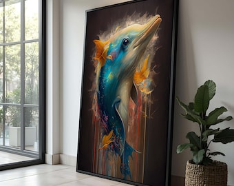 May include: A colourful abstract painting of a dolphin with splashes of paint and gold leaf accents. The dolphin is blue, white, and grey with a dark background.