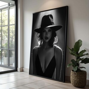 WOMAN ART, Black and White Fashion Woman– Elegant Woman in Hat, Dramatic Lighting Art Print, Sensual Minimalist Wall Decor