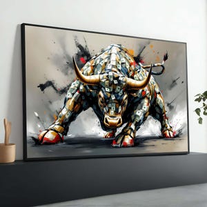 Powerful Bull Money Art - Wall Street Bull Painting - Finance Wall Decor - Investment Success Artwork - Bold Stock Market Print