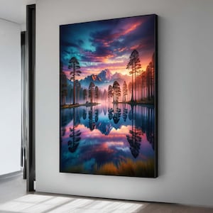 Mountain Sunset Reflection Canvas Art - Dreamy Forest Lake Landscape - Vibrant Nature Wall Decor - Tranquil Sunset Lake Painting