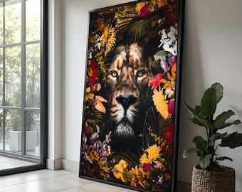 Floral Lion Portrait Canvas Art: Majestic Wildlife Wall Decor