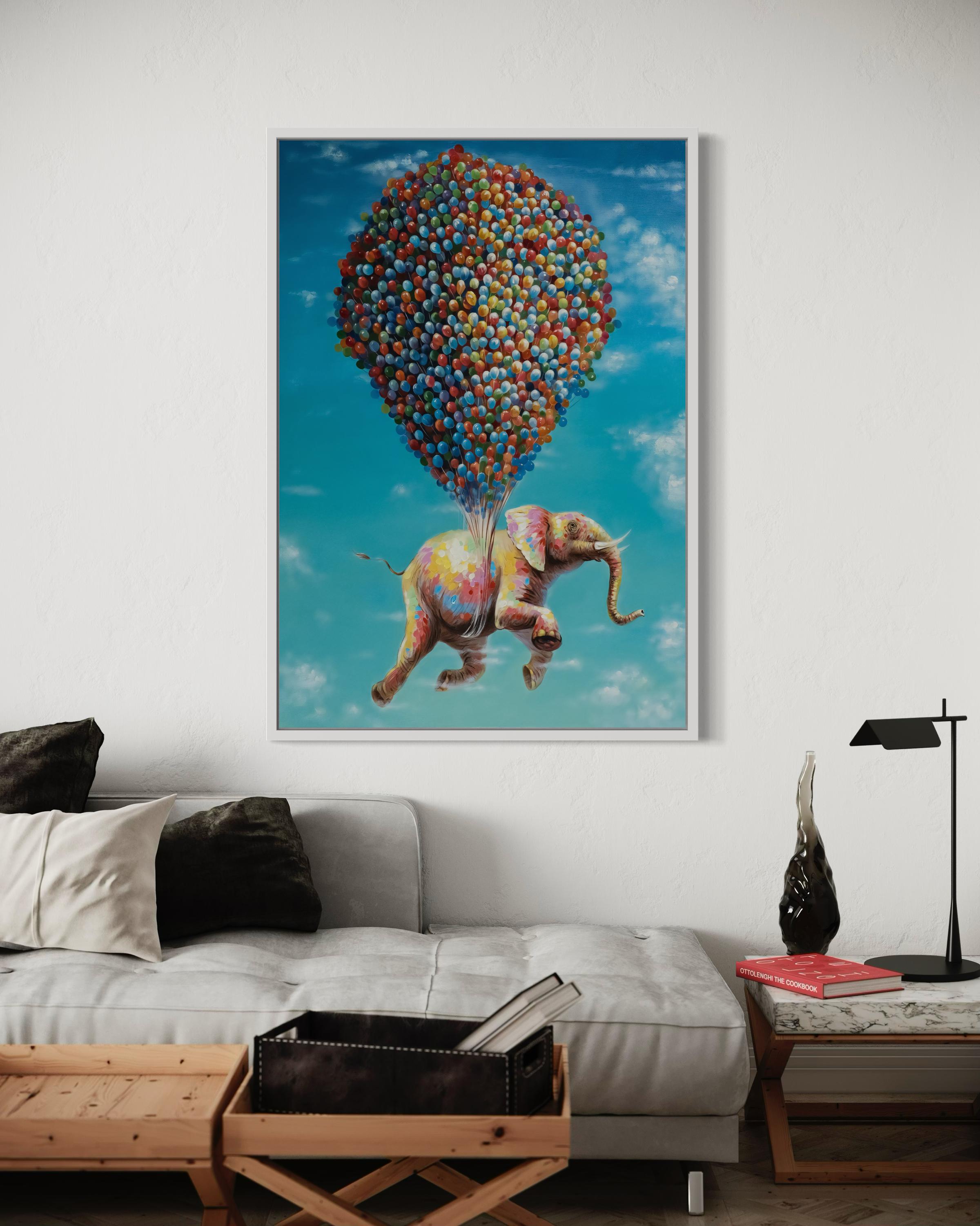 風船を持った象のキャンバスプリント：気まぐれな子供部屋の壁アート