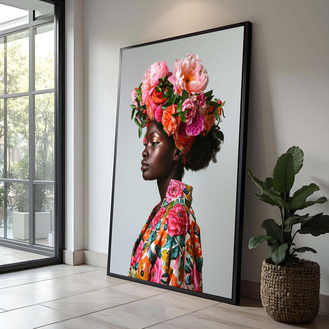 Floral Headpiece Woman Canvas, Modern Fashion Portrait Art - Etsy