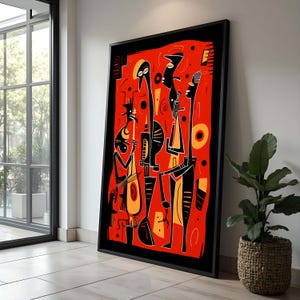 Impressão em tela abstrata de banda de jazz: Arte de parede musical moderna de meados do século XX