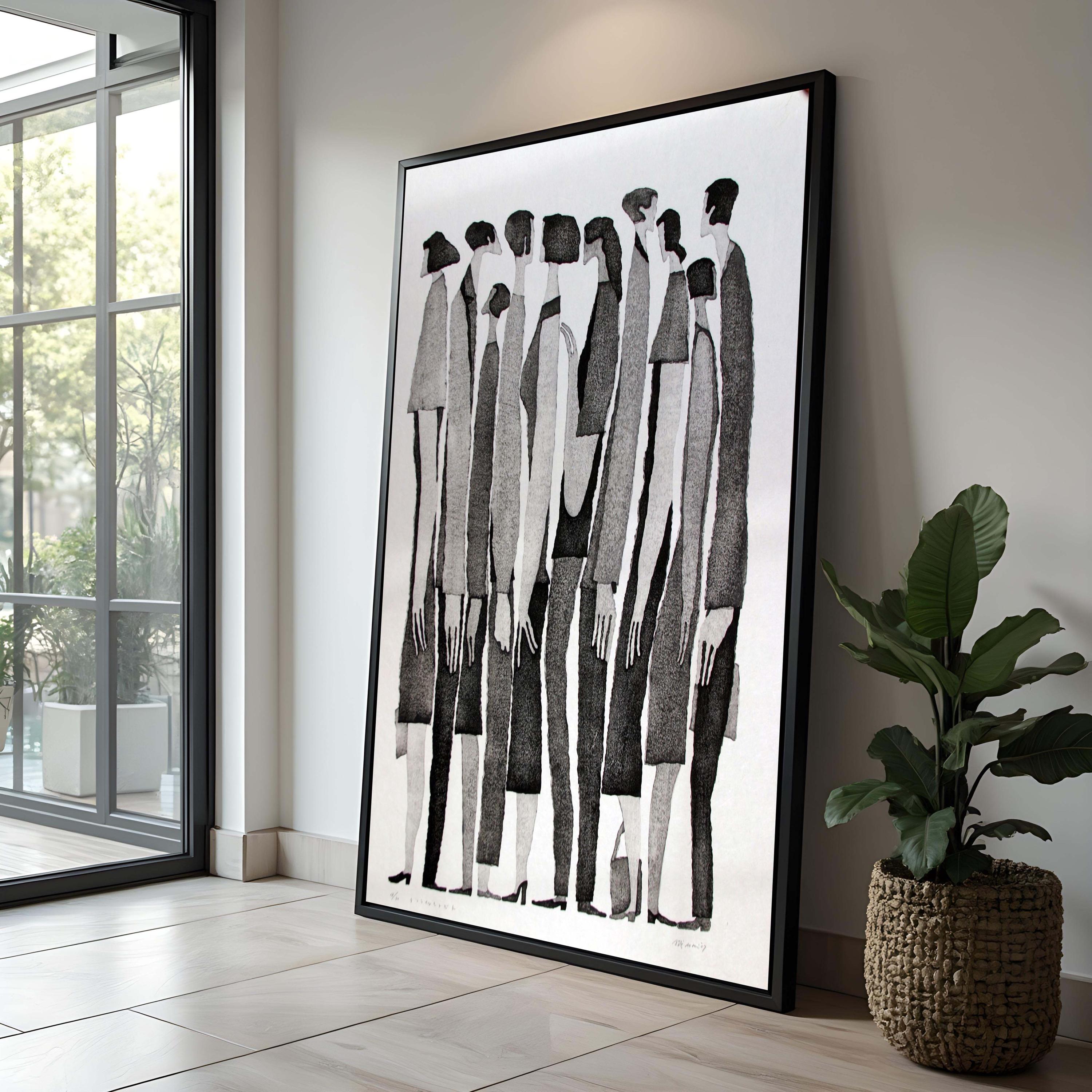 Arte Abstrata Minimalista em Preto e Branco | Desenho de Linha Figurativo Moderno | Impressão de Silhueta de Grupo de Pessoas | Decoração de Parede Monocromática