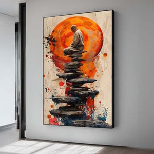 Zen Meditation Art - Abstract Monk and Stone Path Painting - Spiritual Wall Art with Bold Colors - Mindfulness Decor - Zen Gift Idea