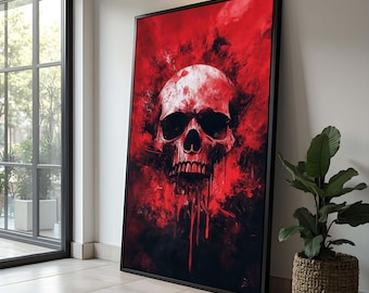 Cuadro de calavera roja en lienzo: decoración gótica de terror, regalo macabro.