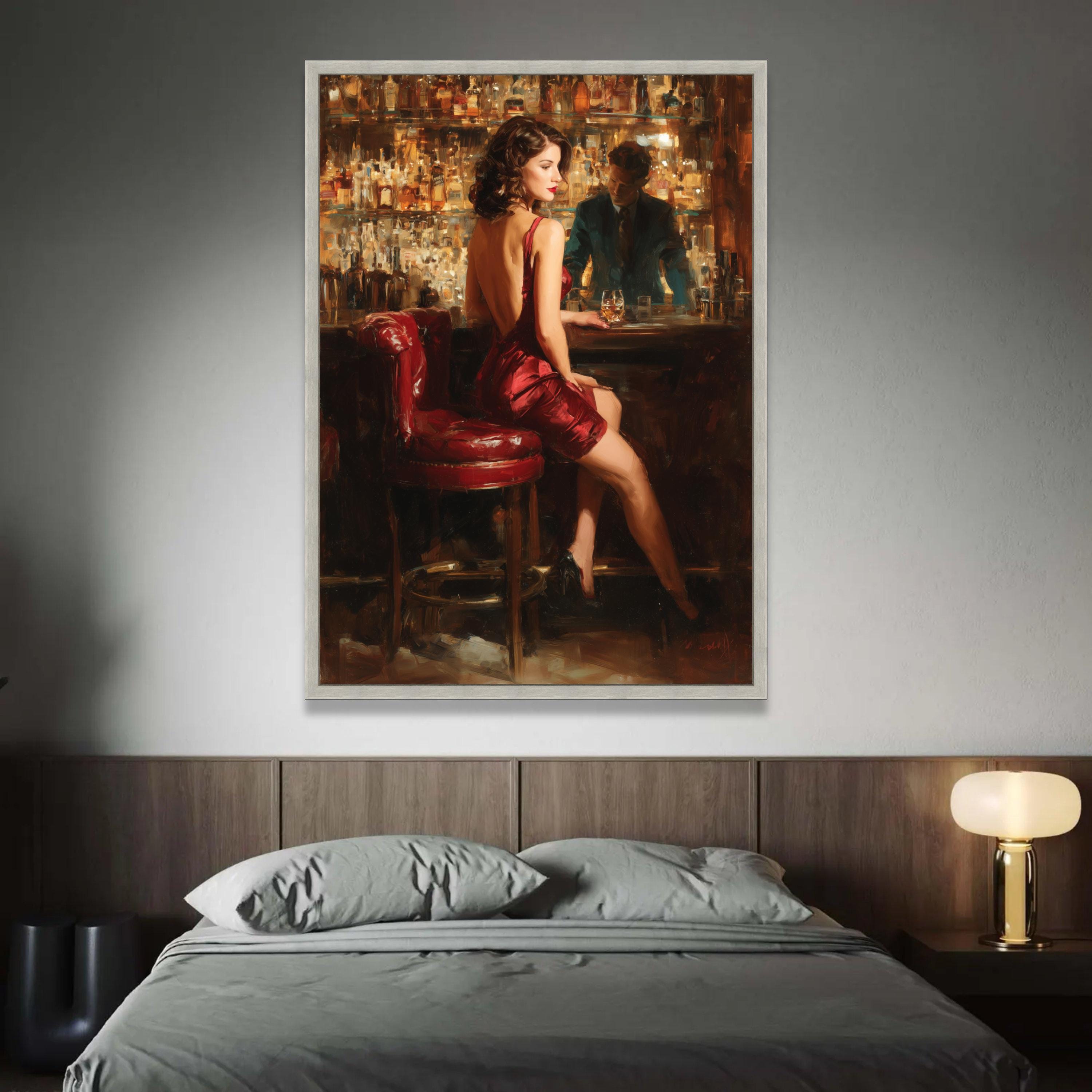 Vintage Woman in Red Dress Canvas Print, Romantic Bar Scene Art - Etsy