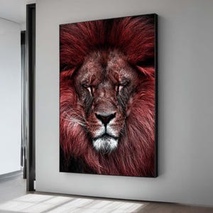 Powerful Red Lion Portrait Art - Majestic Animal Close-Up - Bold Wildlife Wall Art - Perfect Gift for Nature Lovers, Animal Wall CANVAS