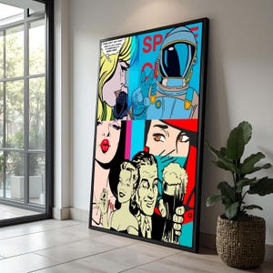 Impresión de collage de arte pop / Arte de pared de estilo cómic retro / Arte de astronauta espacial colorido / Decoración de dibujos animados vintage audaces / Impresión de cultura pop moderna