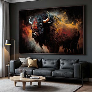 Abstrakter Büffel-Kunstdruck - Bison-Wandkunst mit feurigen Farben, modernes Tierdekor für Wohnzimmer, große, von der Natur inspirierte Leinwandmalerei