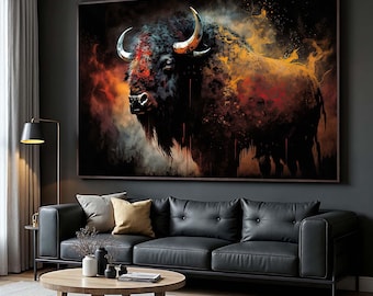 Abstracte canvasafdruk buffel: felle vurige kleuren, moderne dierenmuurkunst