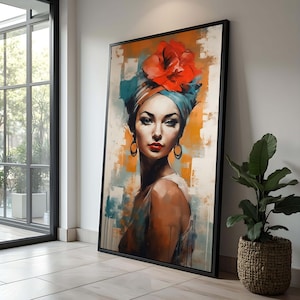 Tela de retrato de mulher elegante: cultura étnica, faixa de cabeça com flores vermelhas
