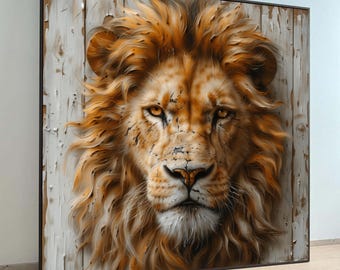 Majestic Lion Portrait Canvas: Rustic Wildlife Wall Art