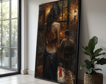 Puede incluir: Impresión en lienzo enmarcada que representa a una mujer con un vestido negro, de espaldas al espectador, y un hombre sentado a una mesa en una habitación con poca luz. La obra de arte tiene una paleta de colores cálidos, centrándose en las figuras y el ambiente.