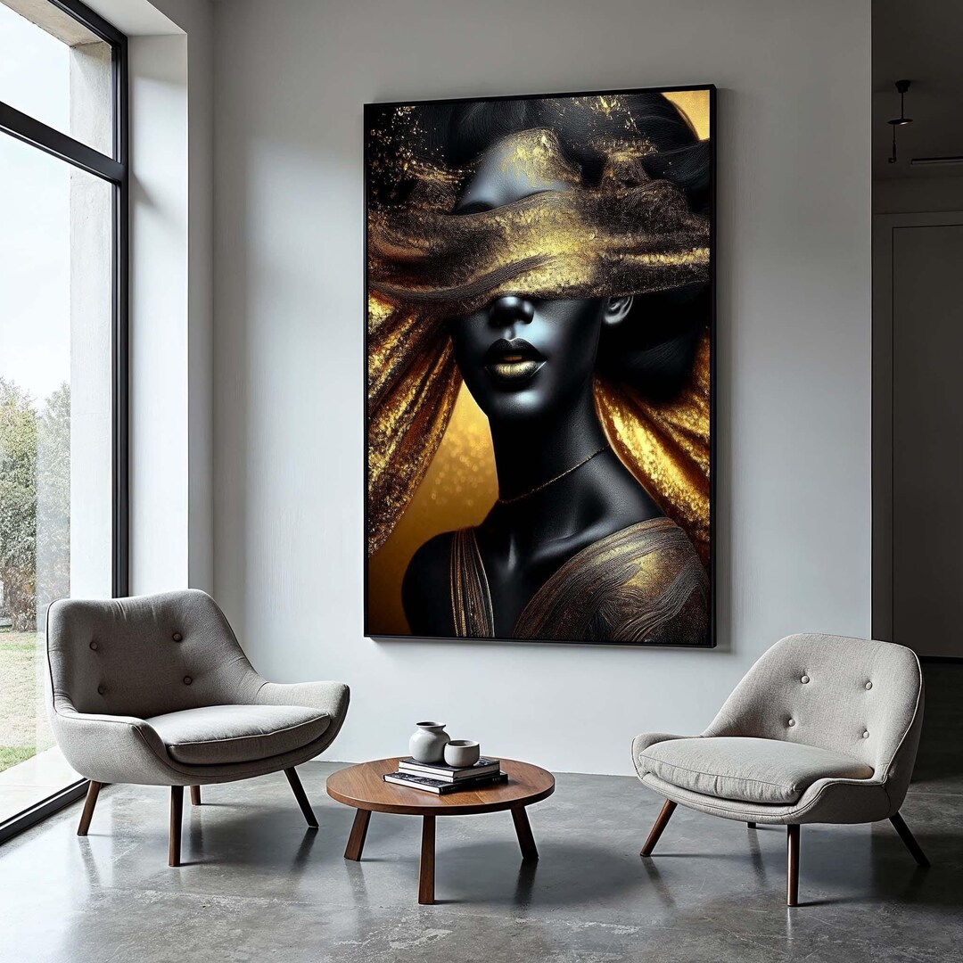 Golden Veil Woman Canvas: Modern Glam Black & Gold Portrait Art - Etsy