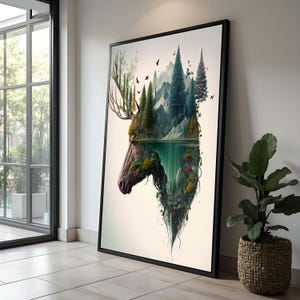 Impresión artística de ciervos de la naturaleza / Paisaje de bosque surrealista / Arte mural de vida salvaje de montaña / Decoración de inspiración ecológica / Regalo para amantes de la naturaleza / Arte boho moderno