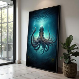 Mystical Octopus Canvas Art | Deep Sea Creature Painting | Underwater Ocean Decor | Enigmatic Marine Life Artwork | Nautical Wall Art