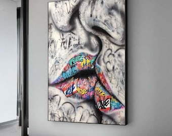 Lienzo con estampado de labios de graffiti: decoración de pared de arte pop urbano y atrevido.