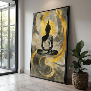 Meditating Buddha Silhouette Canvas, Gold and Gray Abstract Wall Art, Spiritual Home Decor, Zen Meditation Canvas, Luxury Home Decor
