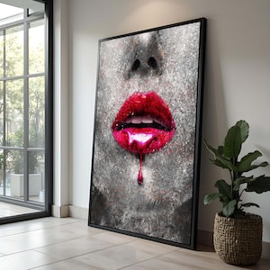 Bold Red Lips Canvas Art | Abstract Lip Art Print | Dripping Paint Modern Wall Decor | Contemporary Lips Painting | Unique Home Decor Gift