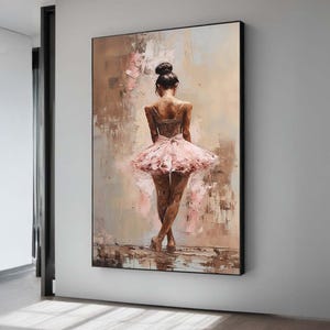 バレリーナが踊るキャンバスのオリジナル絵画。穏やかな湖を背景に赤い