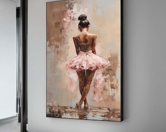 May include: A painting of a ballerina in a pink tutu, standing with her back to the viewer. The background is a soft, abstract wash of brown and beige.