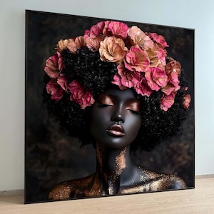 Floral Crown Afro Woman Art, Elegant Flower Headpiece Canvas, Black and Gold Portrait, Ethereal Beauty Wall Art, Ready to Hang Canvas